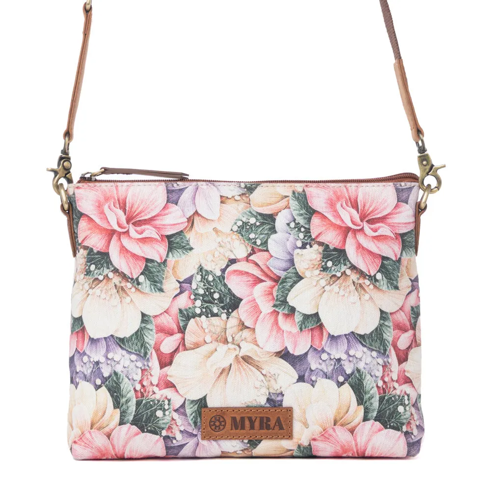 Wildflower Trail Cotton & Leather Crossbody Bag in Vintage Rose sold by Myra Bag