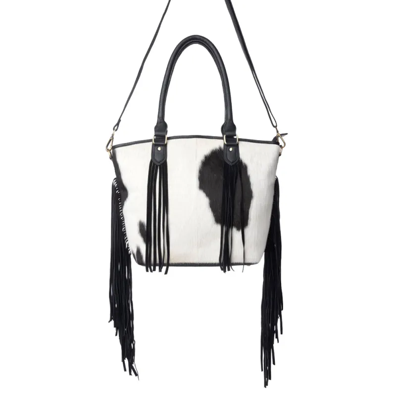 High Plains Hairon Leather Concealed Fringe Carry Bag in Ebony Bone made by Myra Bag
