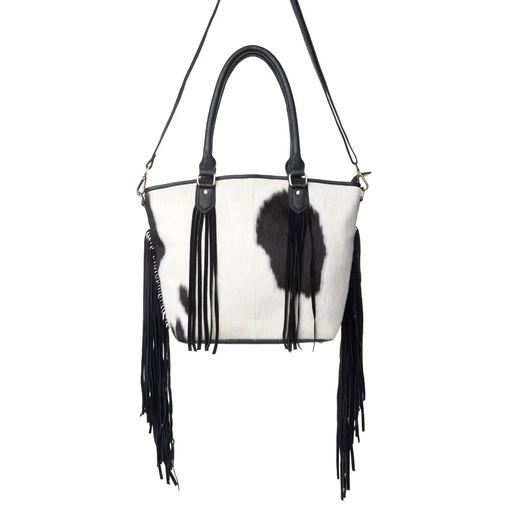 High Plains Hairon Leather Concealed Fringe Carry Bag in Ebony Bone sold by Myra Bag