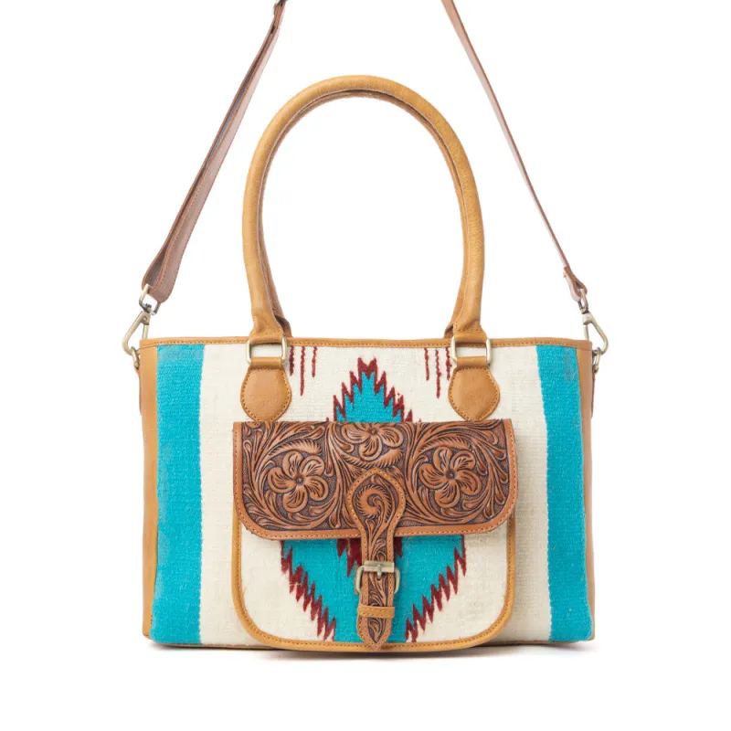 Prairie Aztec Hairon Leather Bag with Front Pocket in Canyon Teal made by Myra Bag