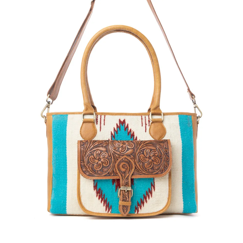 Prairie Aztec Hairon Leather Bag with Front Pocket in Canyon Teal sold by Myra Bag