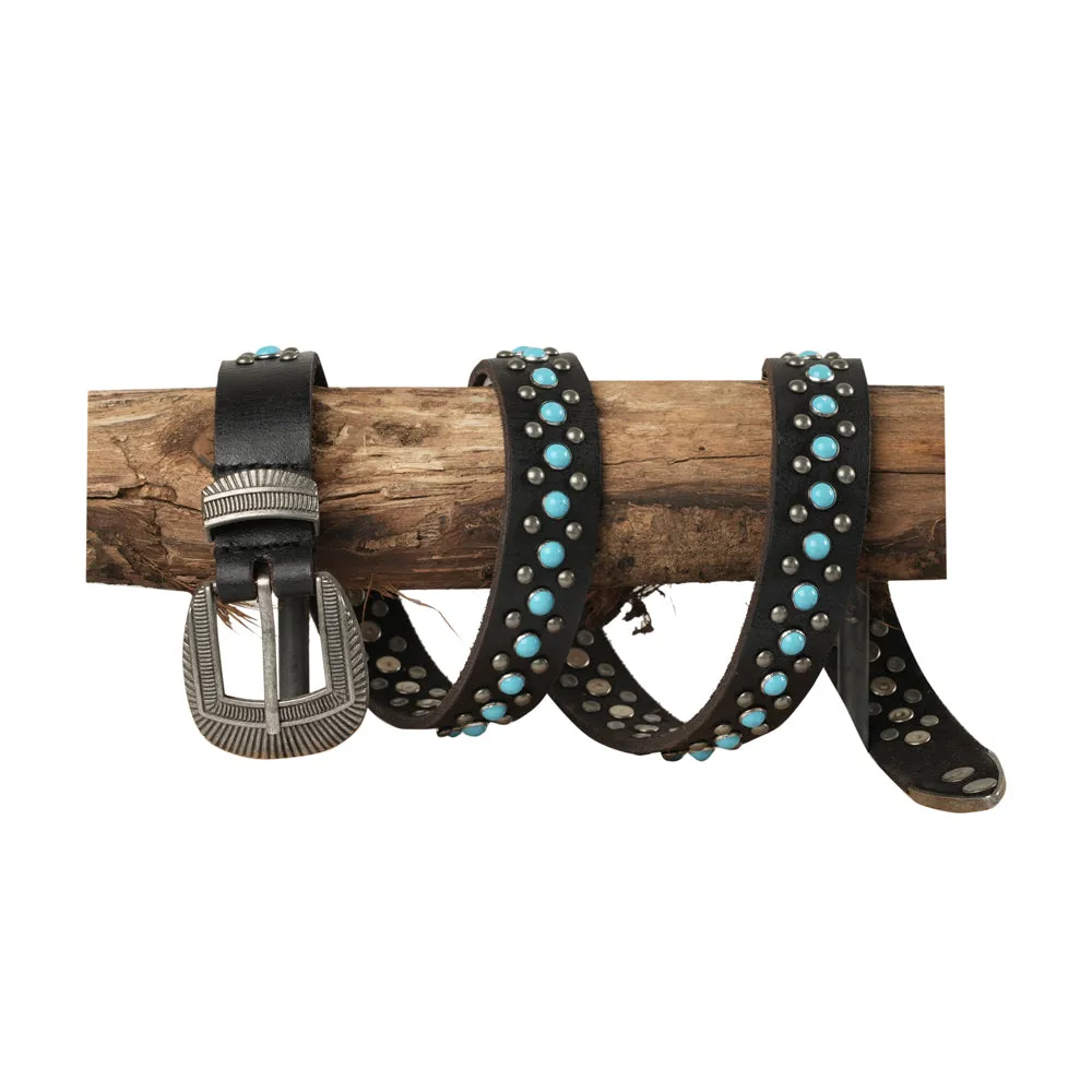Midnight Ranger Western Leather Belt - Calfskin with Turquoise Stones sold by Myra Bag
