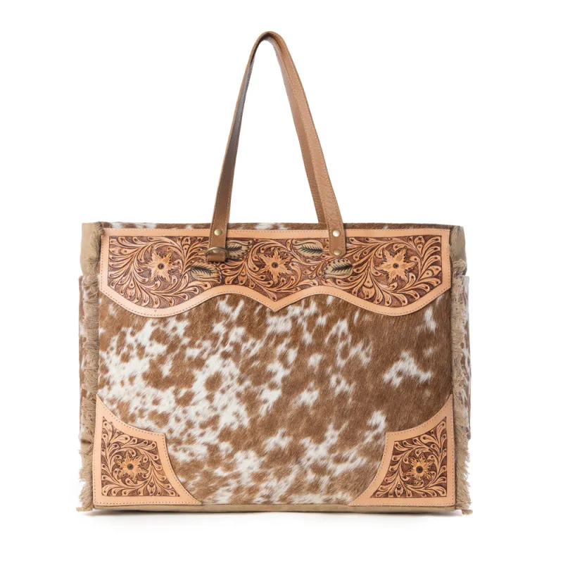 Cartwright Hand-Tooled Bag in Tan & White made by Myra Bag