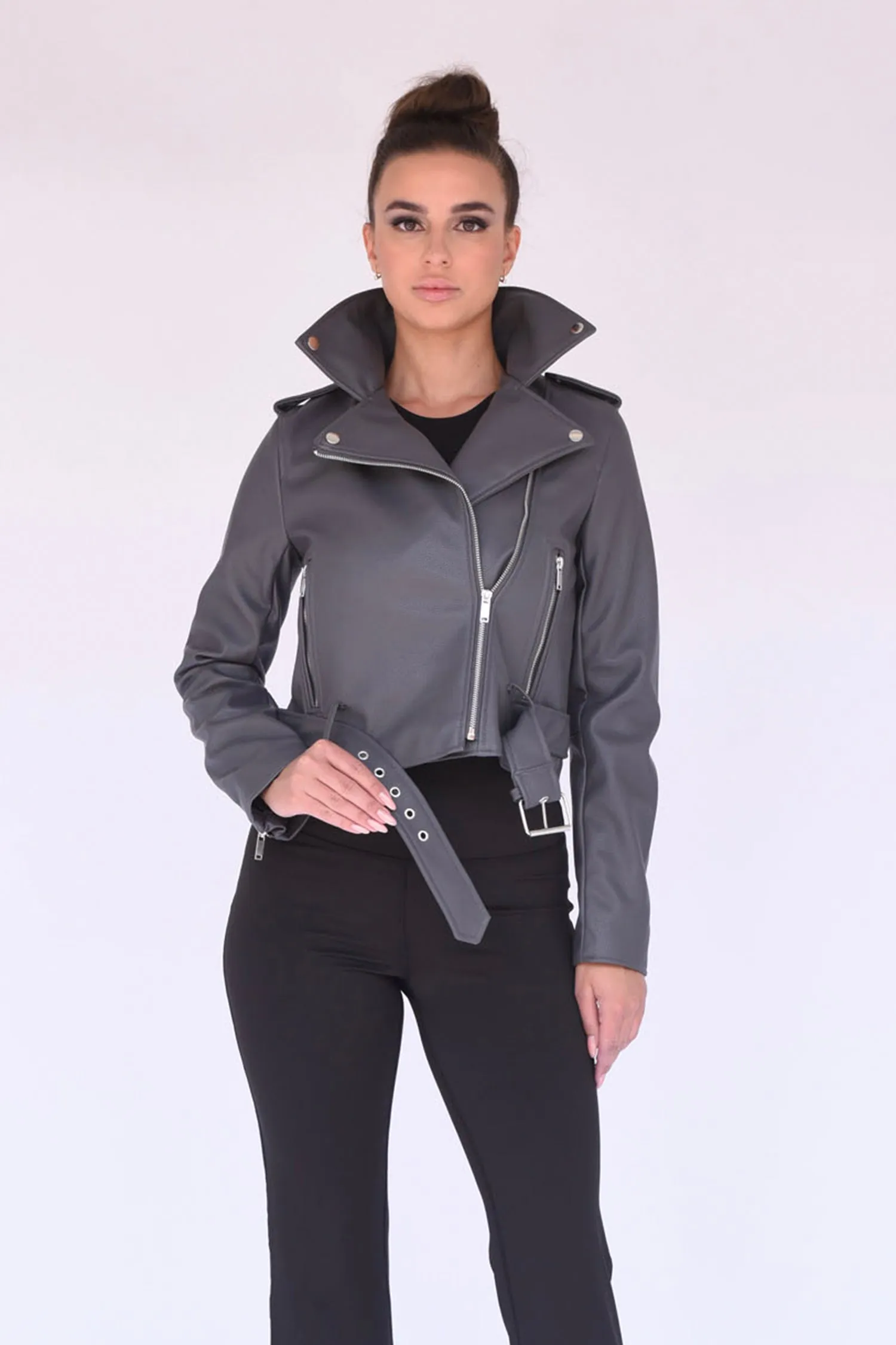 Libya Vegan Leather Moto Jacket in Dark Grey sold by n:PHILANTHROPY
