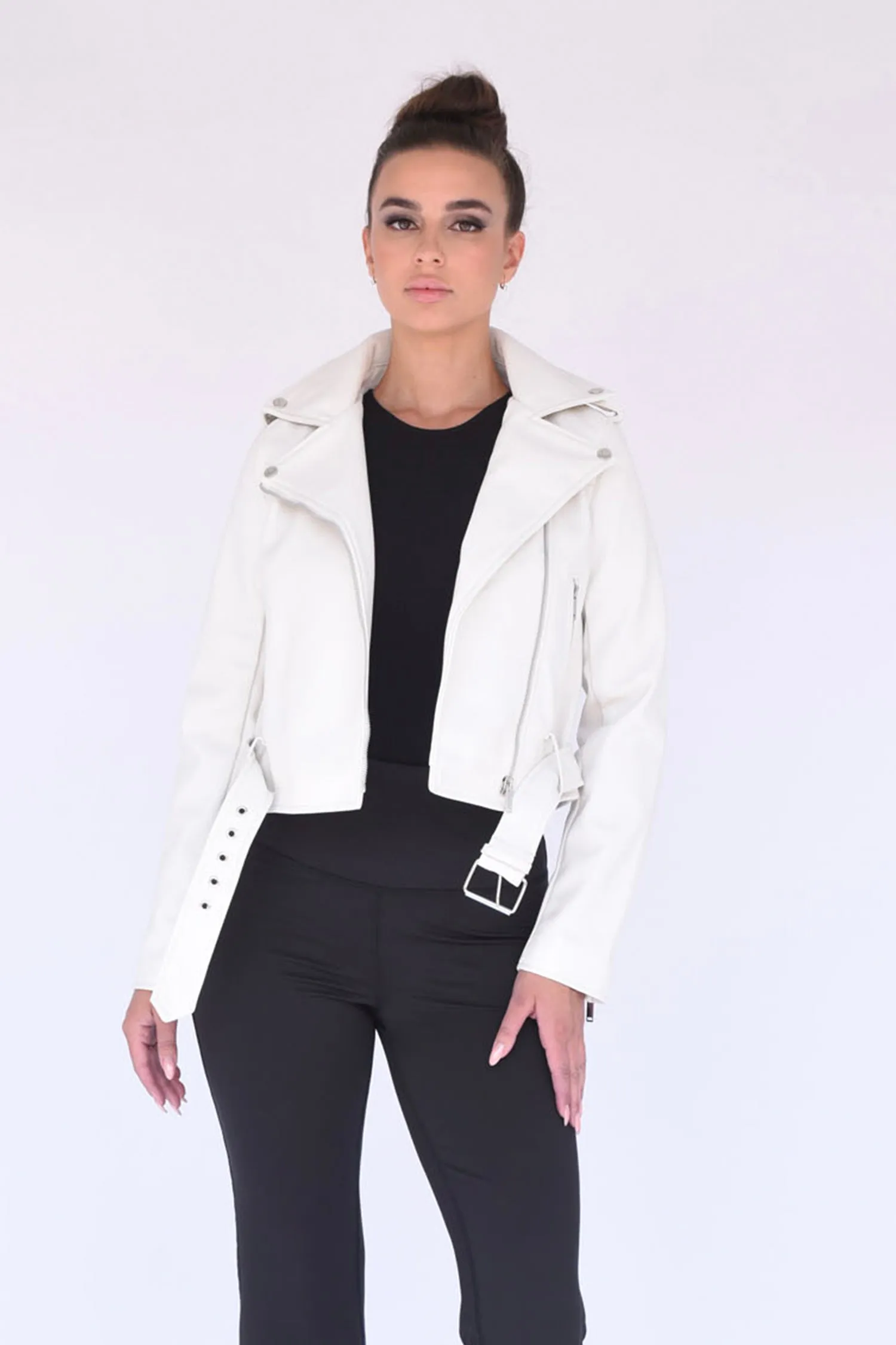 Libya Vegan Leather Moto Jacket in Cream sold by n:PHILANTHROPY