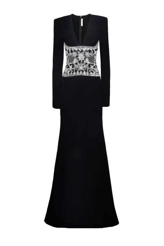 Embroidered Long Sleeve V Neck Gown sold by Naeem Khan