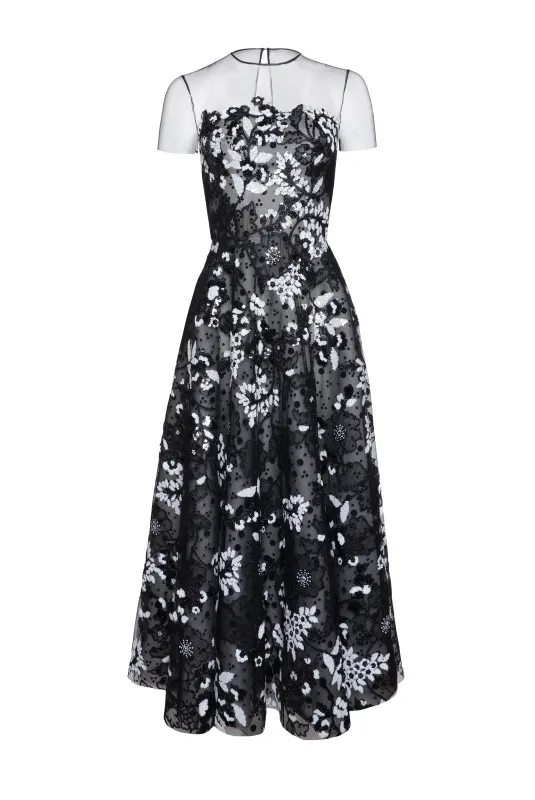 Floral Short Sleeve Illusion Neckline Cocktail Dress sold by Naeem Khan