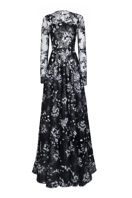Floral Long Sleeve Illusion Neckline Sequin Gown sold by Naeem Khan