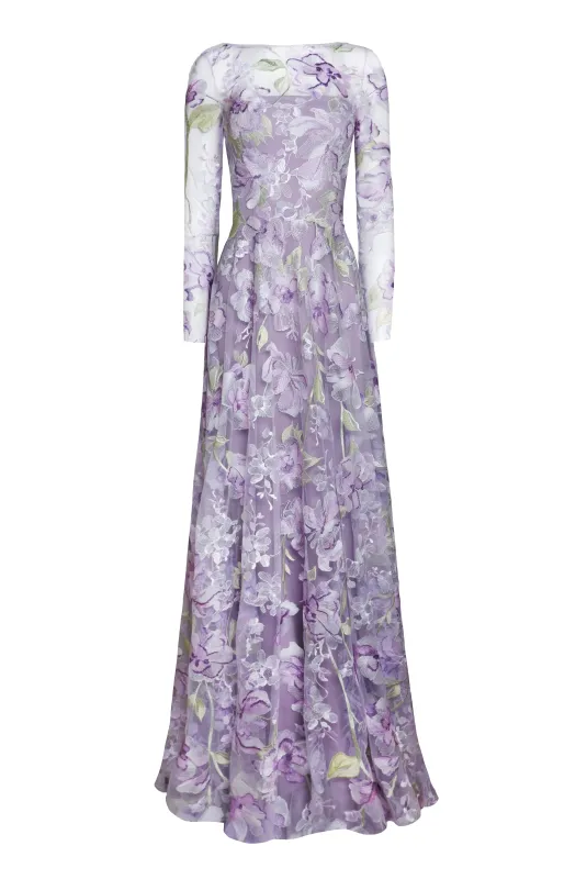 Floral Long Sleeve Illusion Neckline Gown sold by Naeem Khan