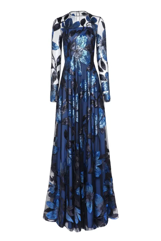 Floral Applique Long Sleeve Crew Neck Gown sold by Naeem Khan