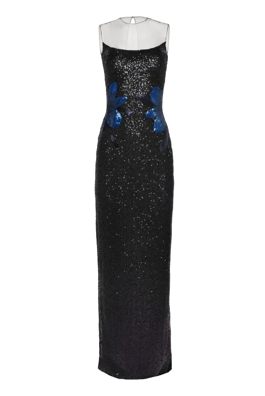 Stretch Sequin Illusion Neckline Floral Applique Column Gown sold by Naeem Khan