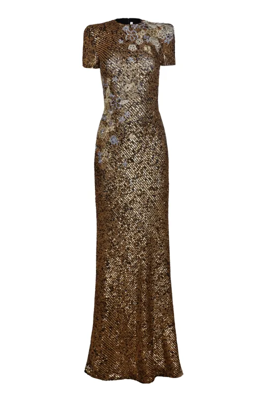 Stretch Sequin Short Sleeve Floral Applique Gown sold by Naeem Khan