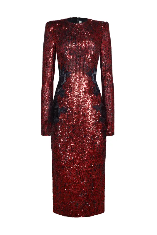Stretch Sequin Long Sleeve Lace Applique Cocktail Dress sold by Naeem Khan