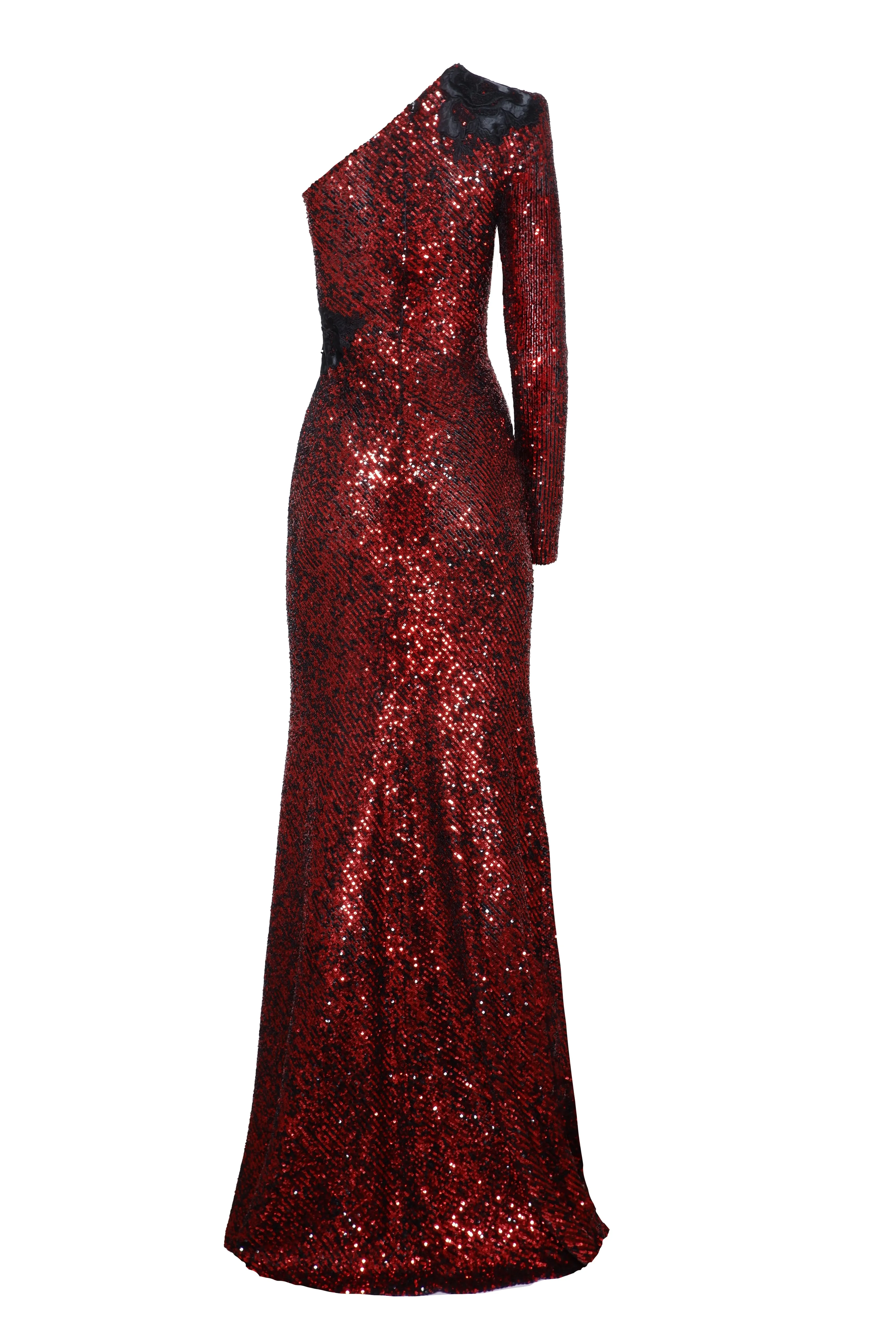 Stretch Sequin One Shoulder Lace Applique Gown sold by Naeem Khan product image thumbnail 2