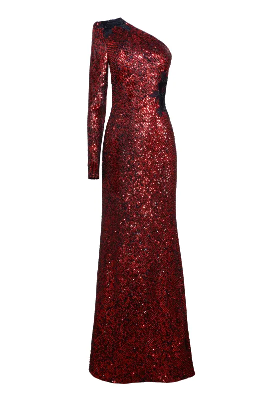 Stretch Sequin One Shoulder Lace Applique Gown sold by Naeem Khan