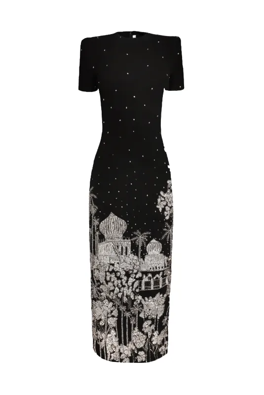 EMBROIDERED SHORT SLEEVE TEA-LENGTH DRESS made by Naeem Khan