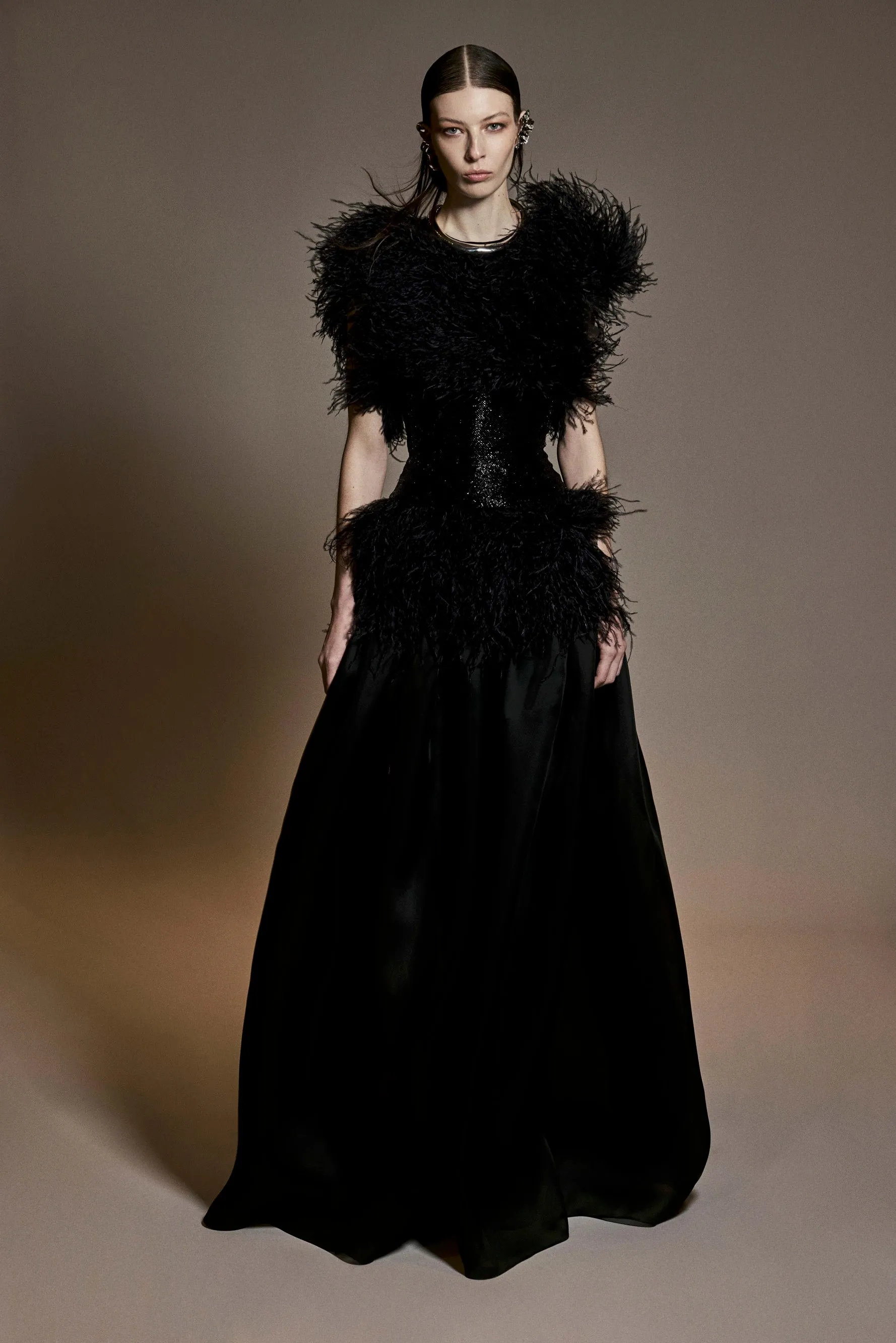 FEATHER BODICE GOWN WITH BEADED BELT sold by Naeem Khan