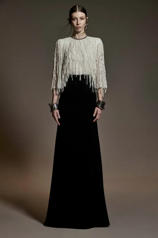 PEARL FRINGE BODICE FIT-AND-FLARE GOWN sold by Naeem Khan