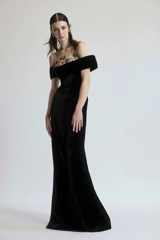 EMBELLISHED BODICE OFF-THE-SHOULDER COLUMN GOWN sold by Naeem Khan