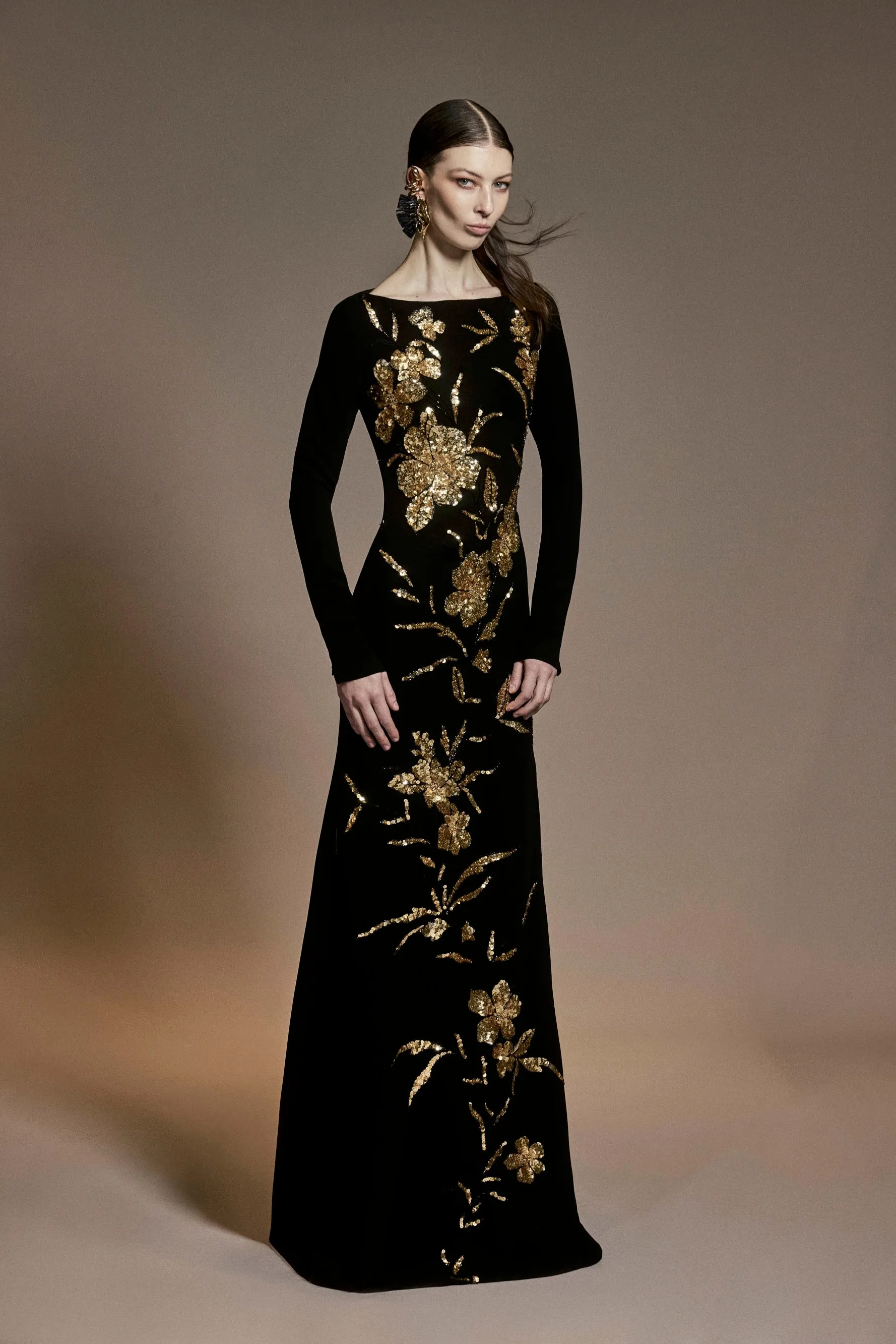 EMBROIDERED BOAT NECK LONG SLEEVE FIT-AND-FLARE GOWN sold by Naeem Khan
