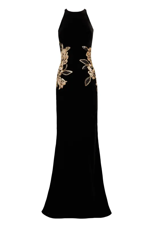 HALTER FIT-AND-FLARE GOWN WITH FLORAL APPLIQUE sold by Naeem Khan