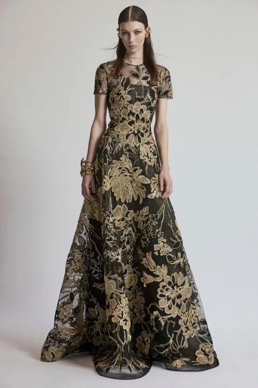 METALLIC RAFFIA JEWEL NECK SHORT SLEEVE GOWN sold by Naeem Khan