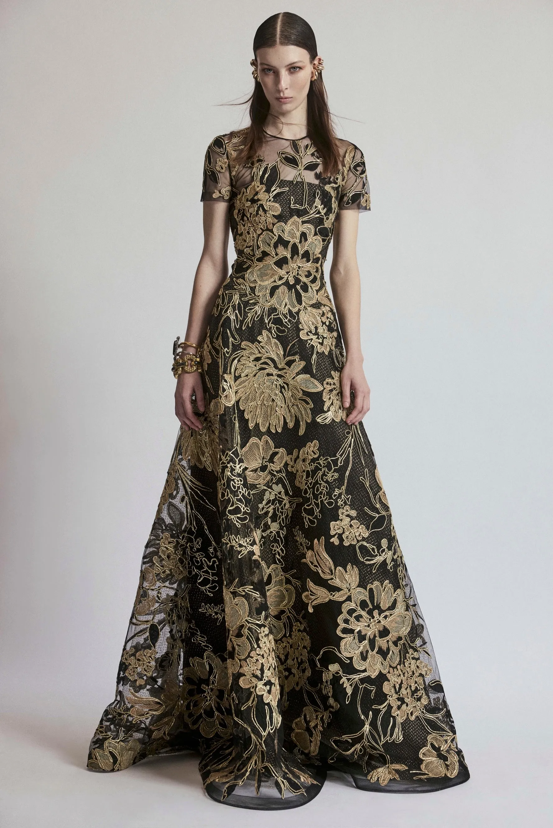 METALLIC RAFFIA JEWEL NECK SHORT SLEEVE GOWN sold by Naeem Khan