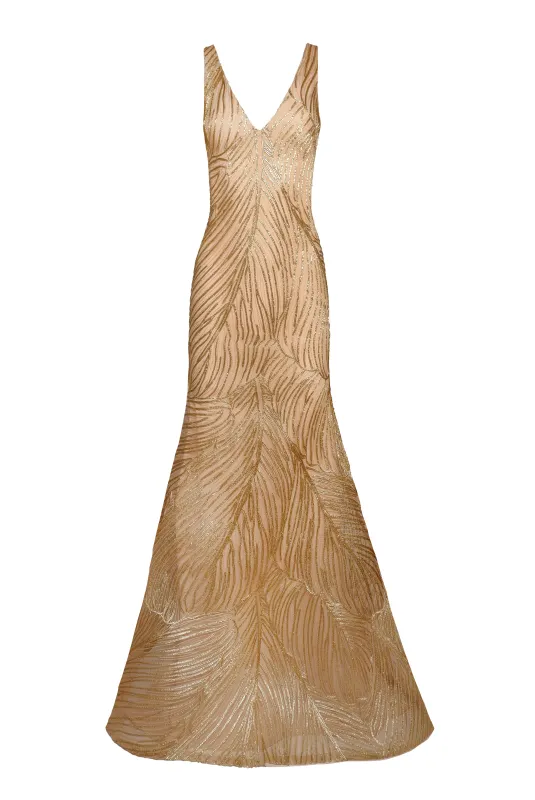 METALLIC RAFFIA V-NECK FIT AND FLARE GOWN sold by Naeem Khan