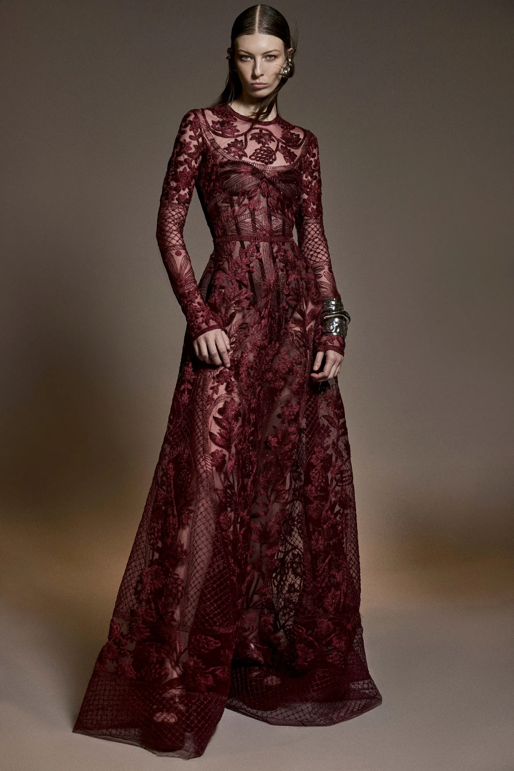 METALLIC THREADWORK JEWEL NECK LONG SLEEVE GOWN sold by Naeem Khan