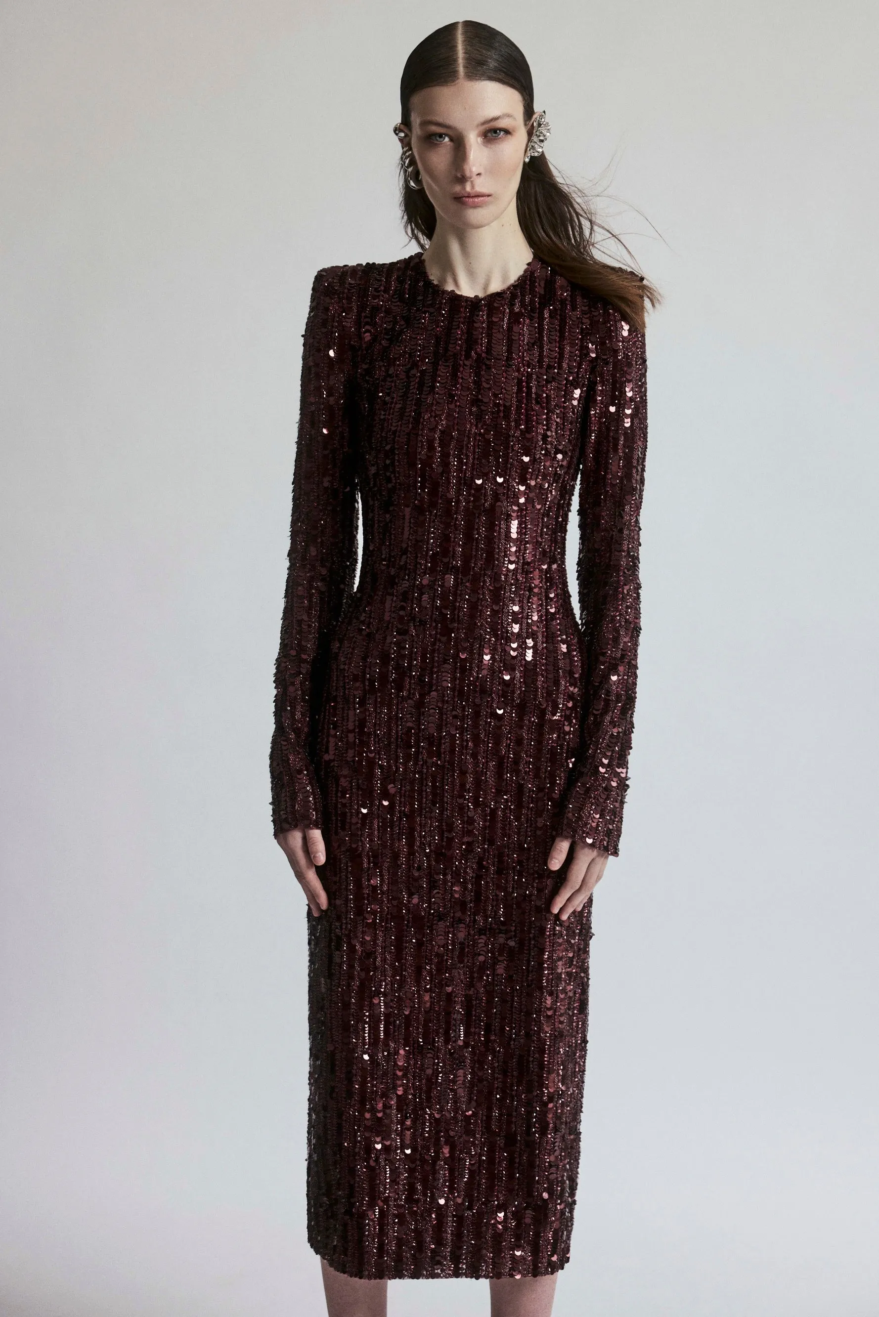 EMBROIDERED LONG SLEEVE TEA-LENGTH DRESS sold by Naeem Khan