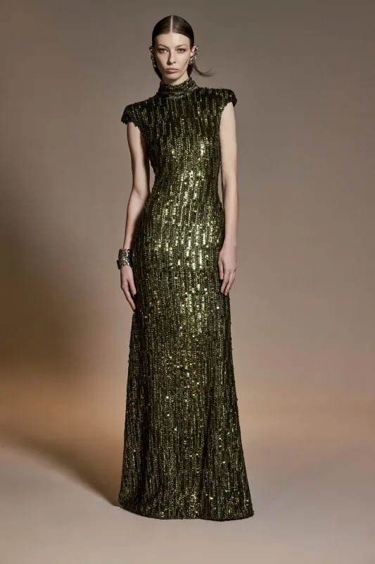EMBROIDERED MOCK NECK CAP SLEEVE FIT-AND-FLARE GOWN sold by Naeem Khan
