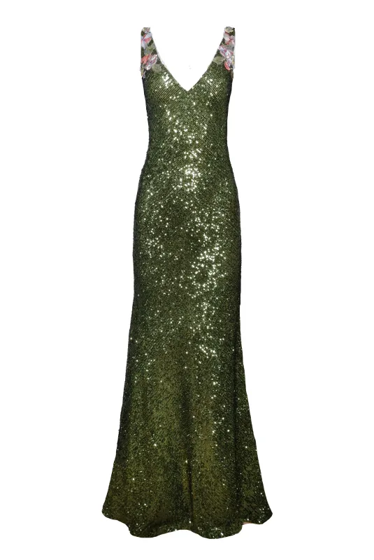 V-NECK STRETCH SEQUIN FIT-AND-FLARE GOWN sold by Naeem Khan