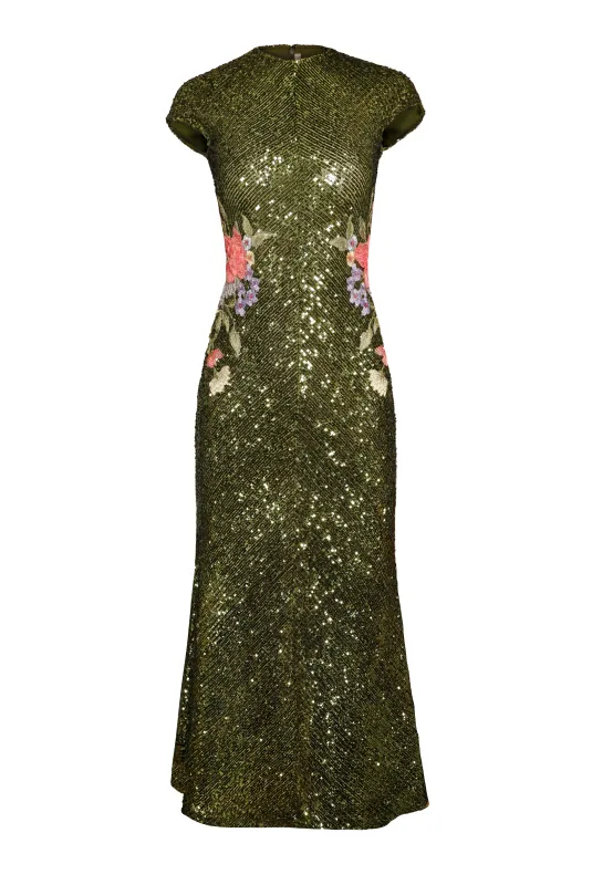 JEWEL NECK STRETCH SEQUIN TEA-LENGTH DRESS sold by Naeem Khan