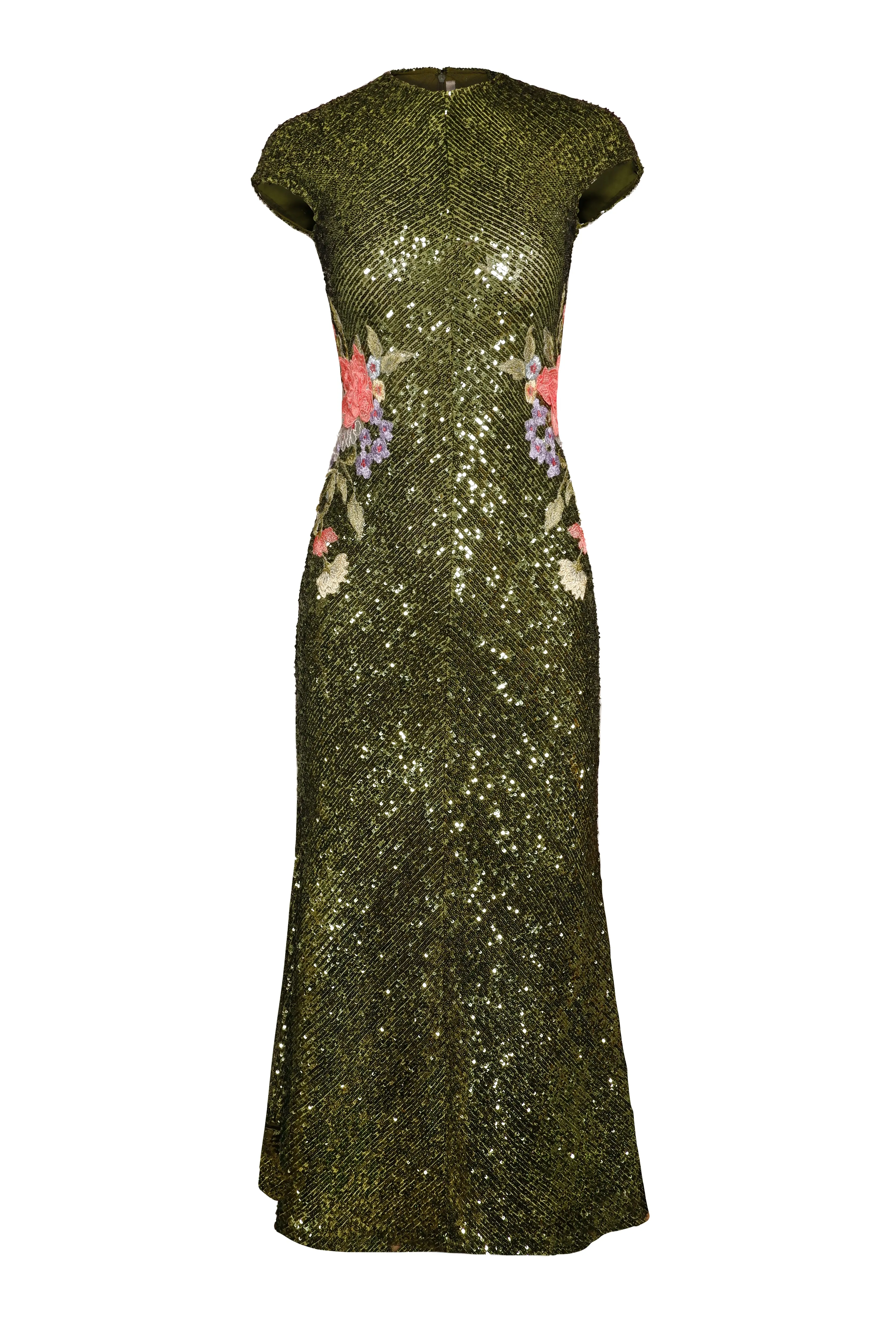 JEWEL NECK STRETCH SEQUIN TEA-LENGTH DRESS sold by Naeem Khan
