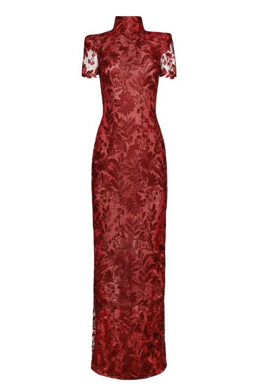 LACE MOCK NECK SHORT SLEEVE COLUMN GOWN sold by Naeem Khan