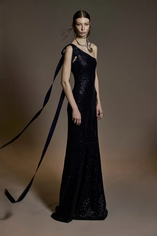 STRETCH SEQUIN ONE SHOULDER GOWN WITH RIBBON DETAIL made by Naeem Khan