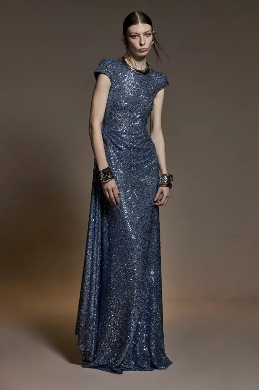 STRETCH SEQUIN CAP SLEEVE DRAPED GOWN sold by Naeem Khan