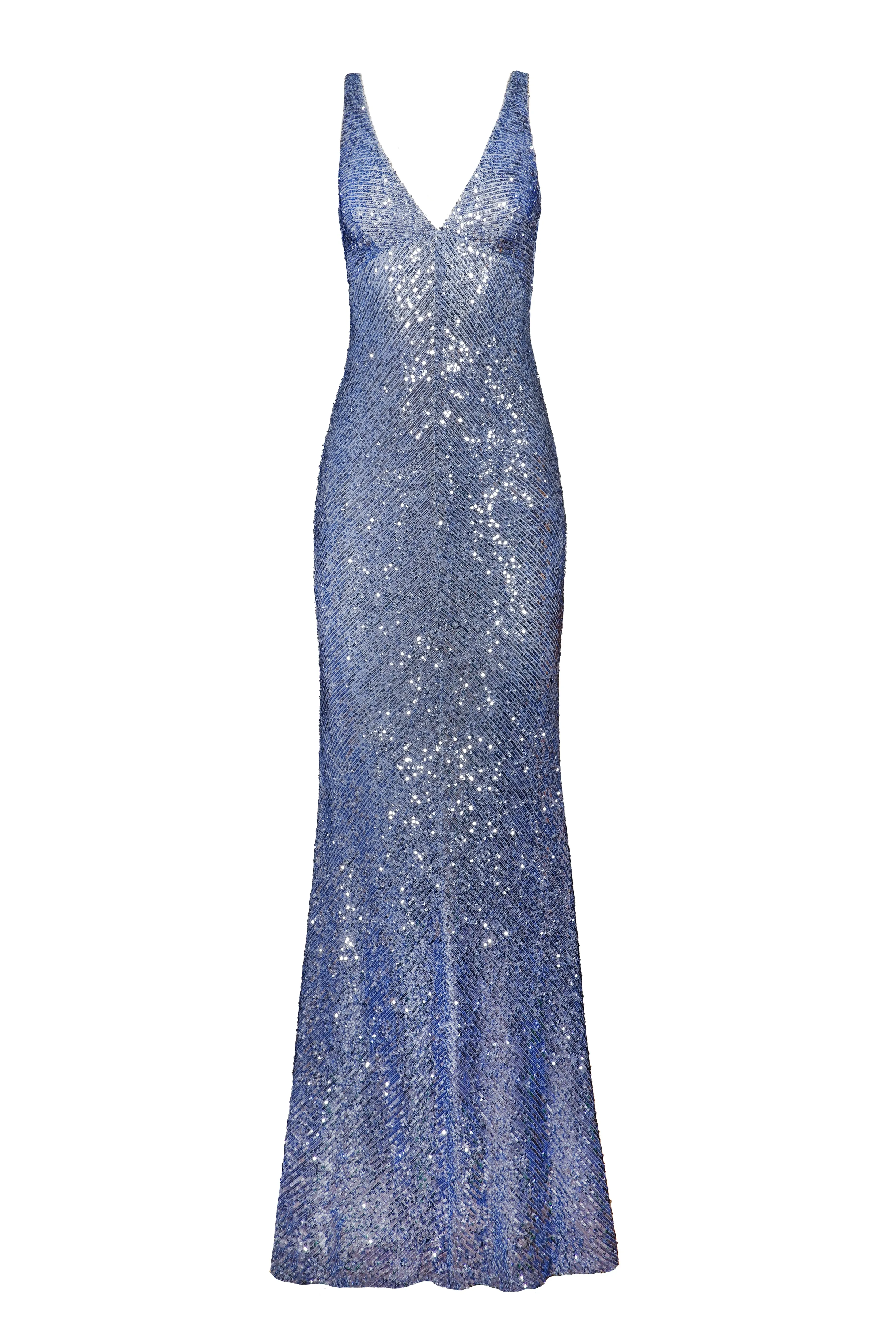 STRETCH SEQUIN V NECK COWL BACK GOWN sold by Naeem Khan
