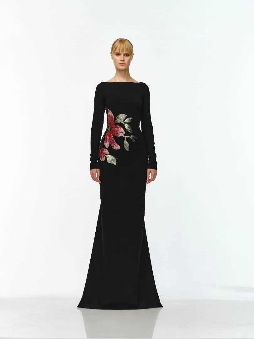 BOAT NECK LONG SLEEVE FIT-AND-FLARE GOWN sold by Naeem Khan