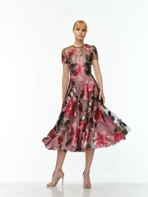 JEWEL NECK CAP SLEEVE TEA-LENGTH DRESS made by Naeem Khan