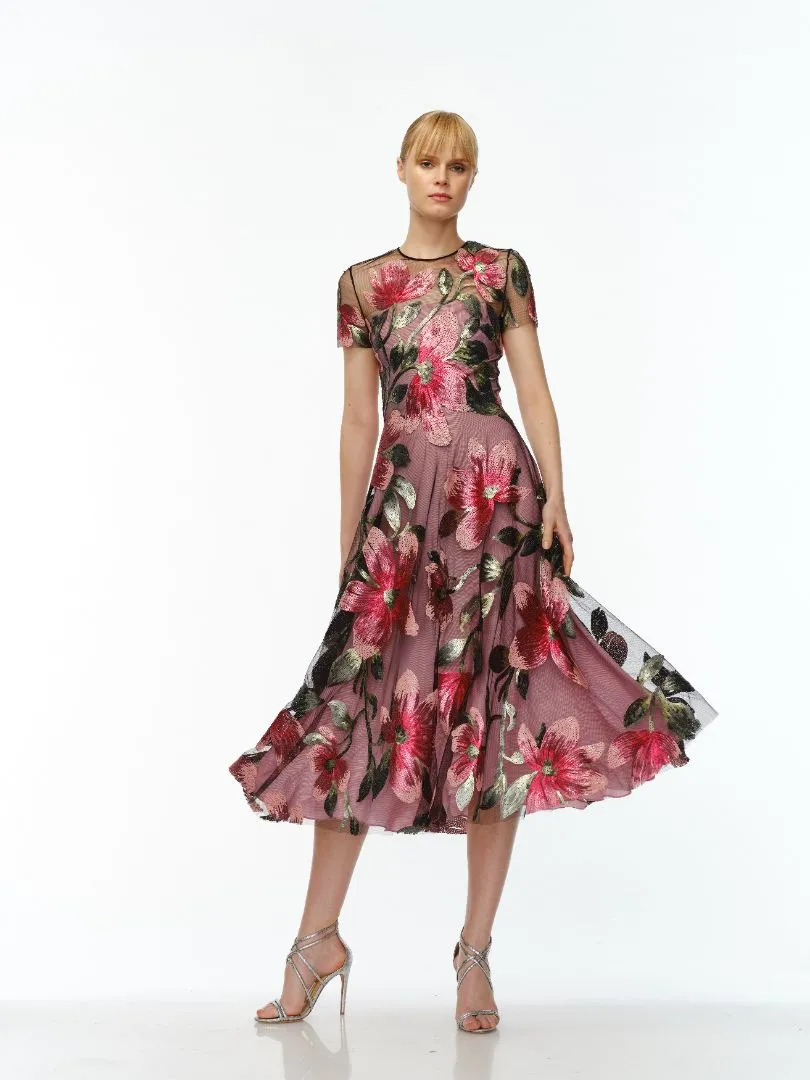 JEWEL NECK CAP SLEEVE TEA-LENGTH DRESS sold by Naeem Khan