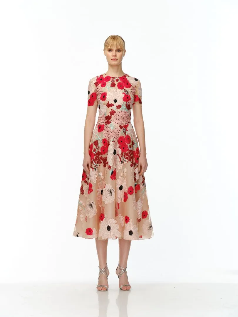 JEWEL NECK CAP SLEEVE TEA-LENGTH DRESS sold by Naeem Khan