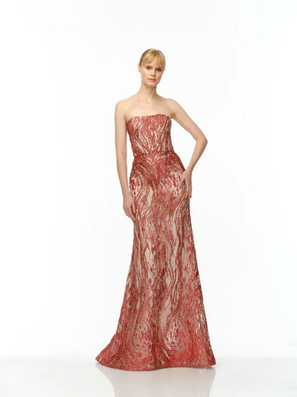 METALLIC RAFFIA STRAPLESS FIT-AND-FLARE GOWN sold by Naeem Khan