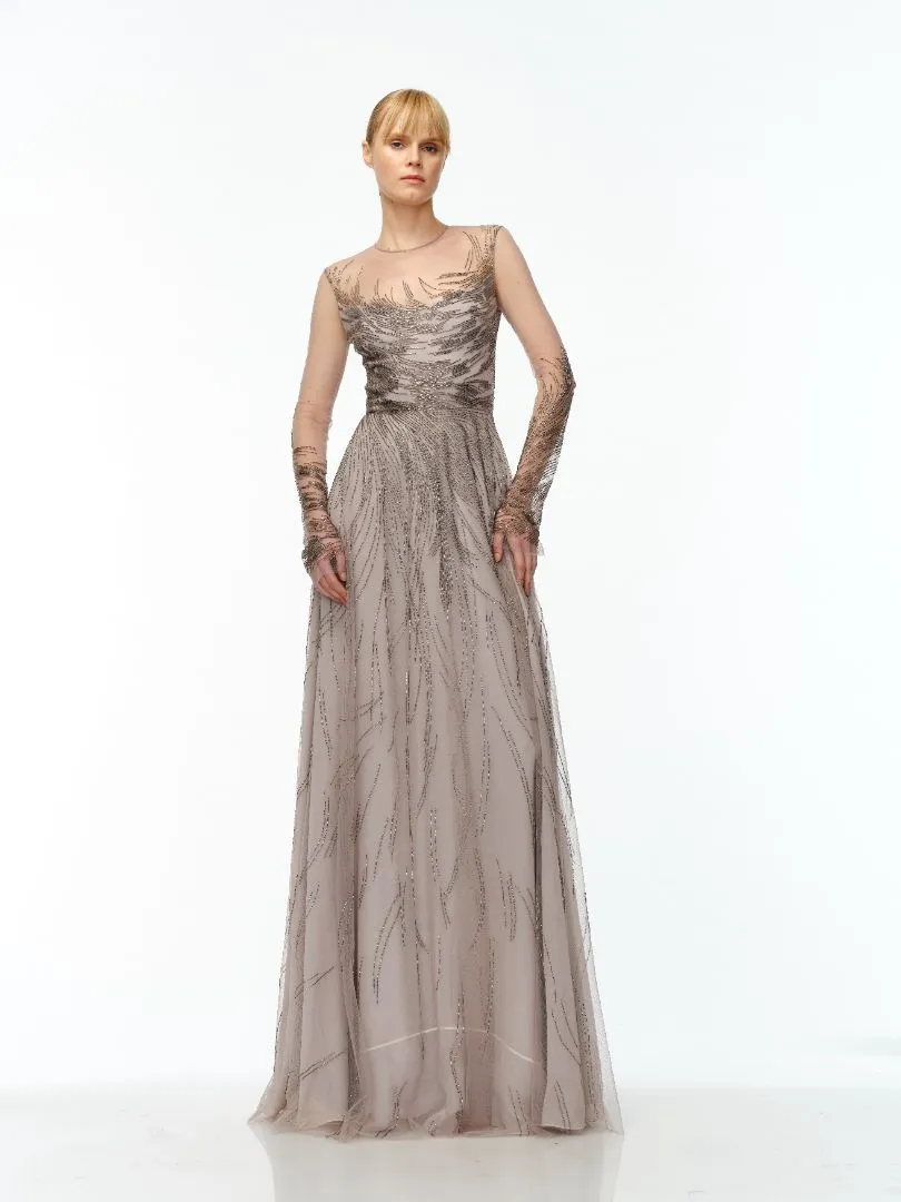 ABSTRACT BEADED LONG SLEEVE GOWN sold by Naeem Khan
