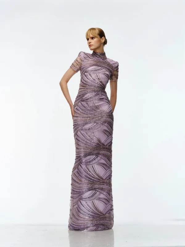 BEADED MOCK NECK CAP SLEEVE COLUMN GOWN sold by Naeem Khan
