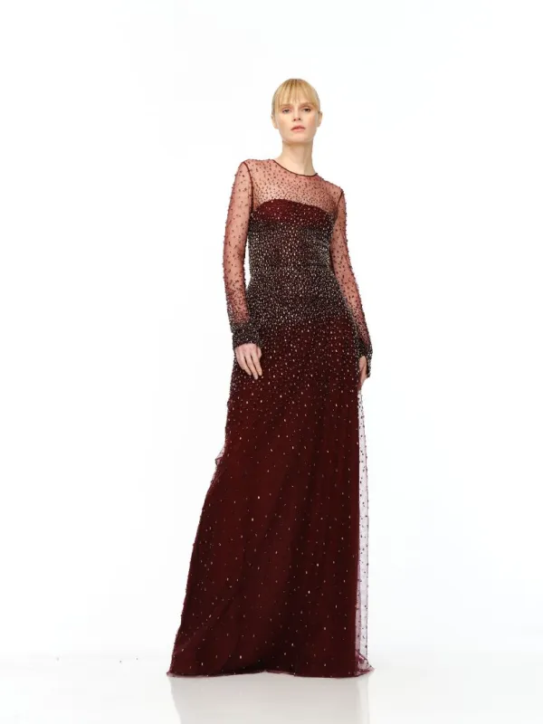 OMBRE BEADED JEWEL NECK LONG SLEEVE GOWN sold by Naeem Khan