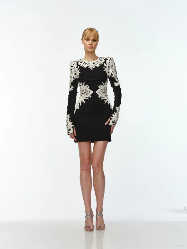 RIBBON EMBROIDERED LONG SLEEVE DRESS sold by Naeem Khan
