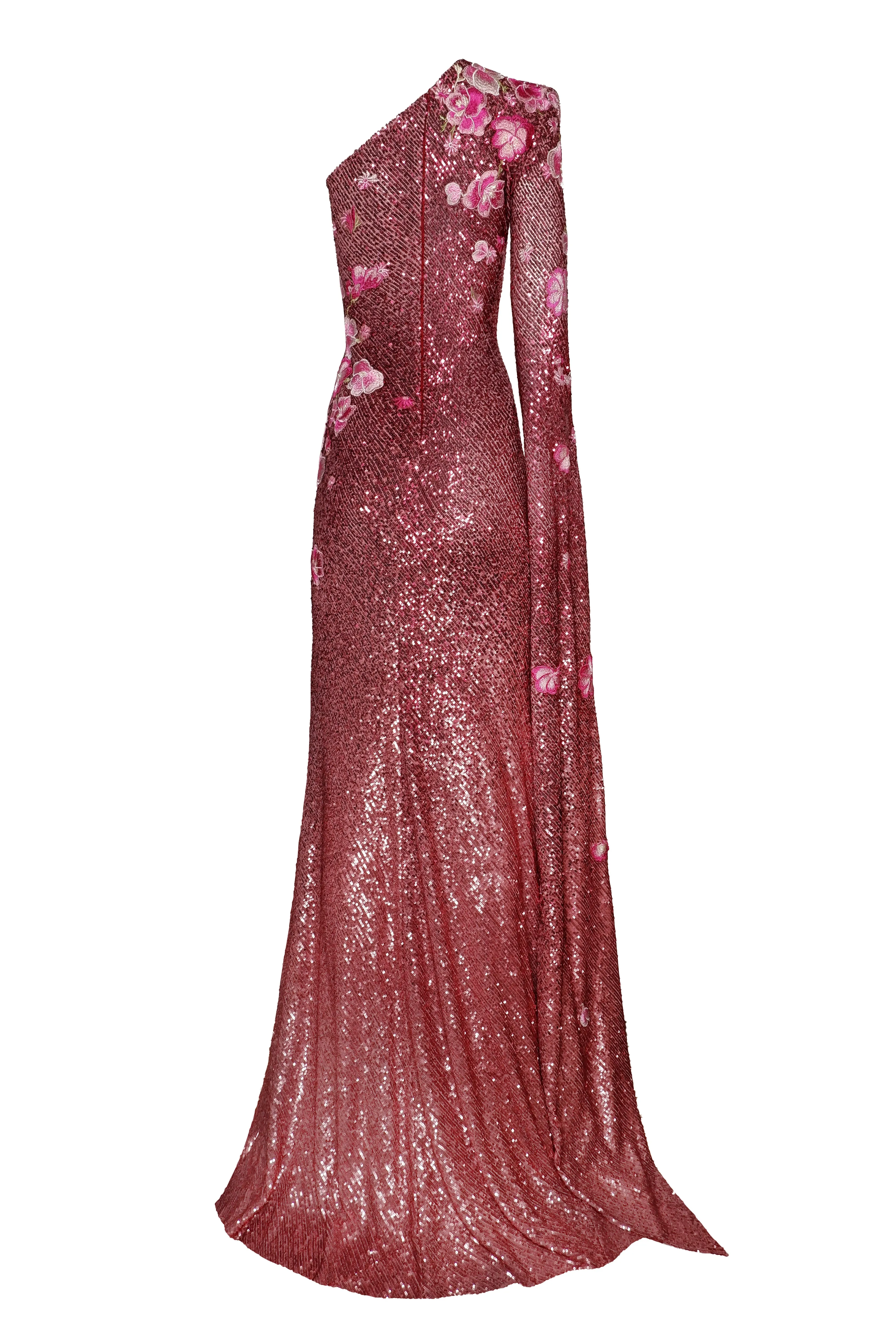 STRETCH SEQUIN ONE SHOULDER CASCADING SLEEVE GOWN sold by Naeem Khan product image thumbnail 3
