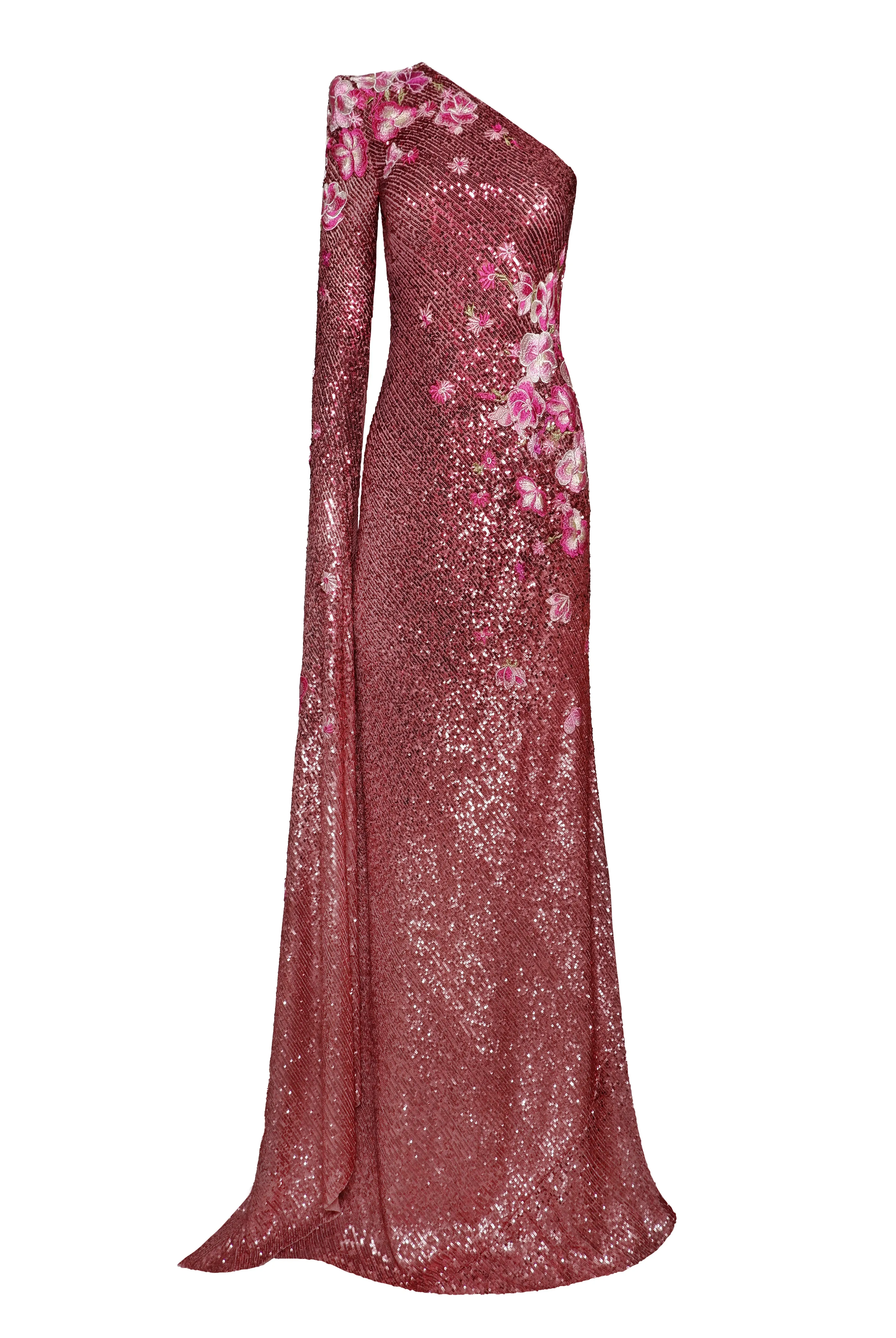 STRETCH SEQUIN ONE SHOULDER CASCADING SLEEVE GOWN sold by Naeem Khan product image thumbnail 2