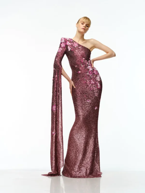 STRETCH SEQUIN ONE SHOULDER CASCADING SLEEVE GOWN sold by Naeem Khan
